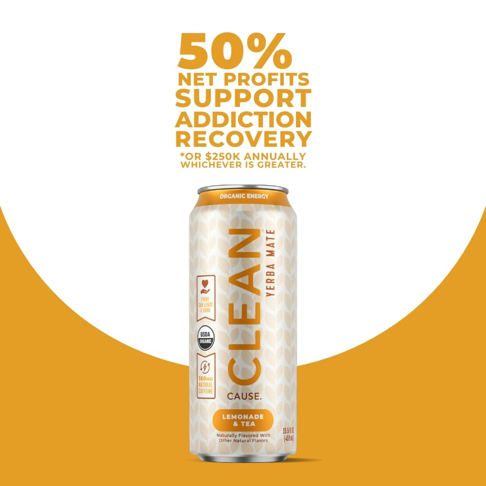 CLEAN CAUSE Lemonade Tea Yerba Mate nutrition facts show caffeine and organic cane sugar.