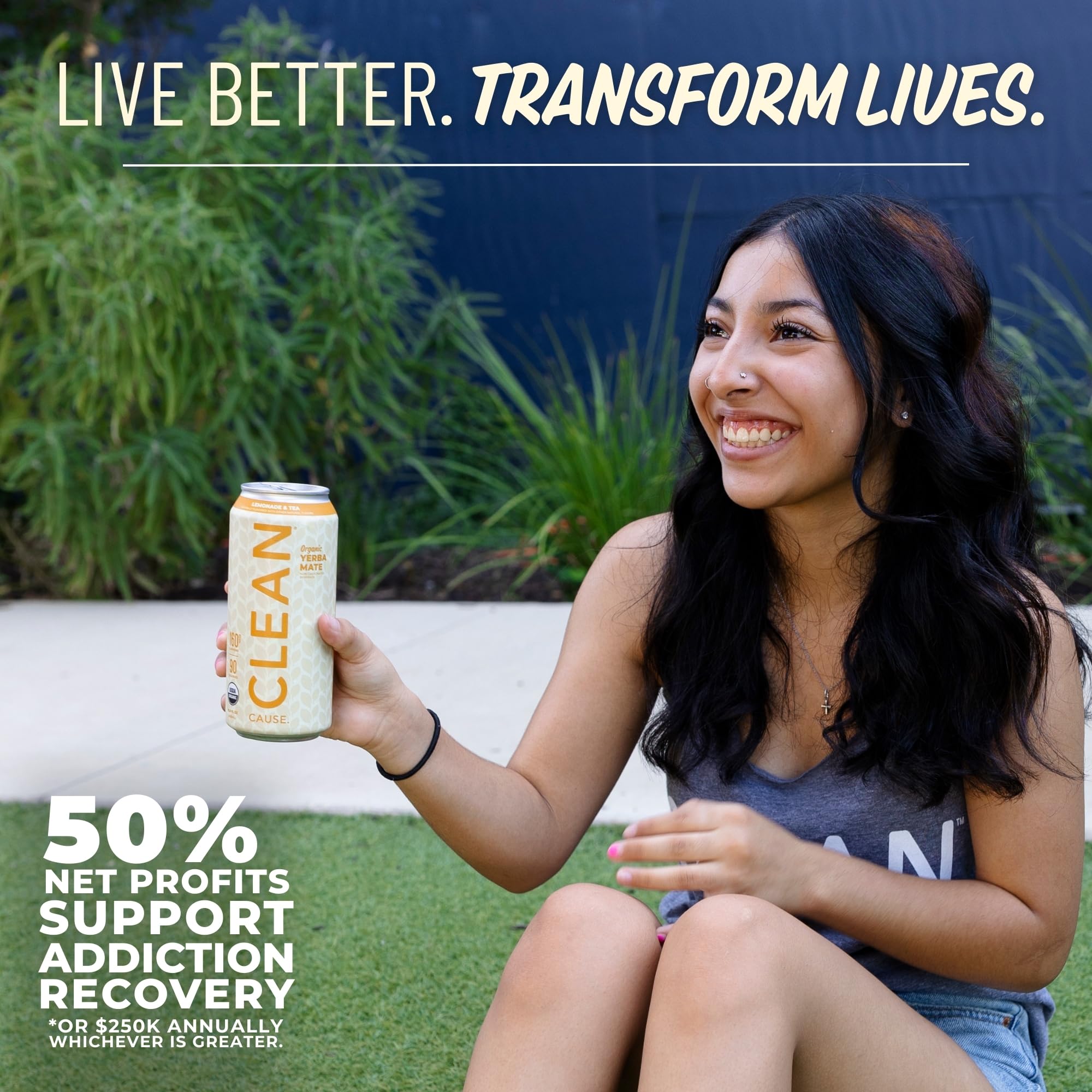 CLEAN CAUSE Lemonade Tea Yerba Mate recovery-support messaging highlights social impact.