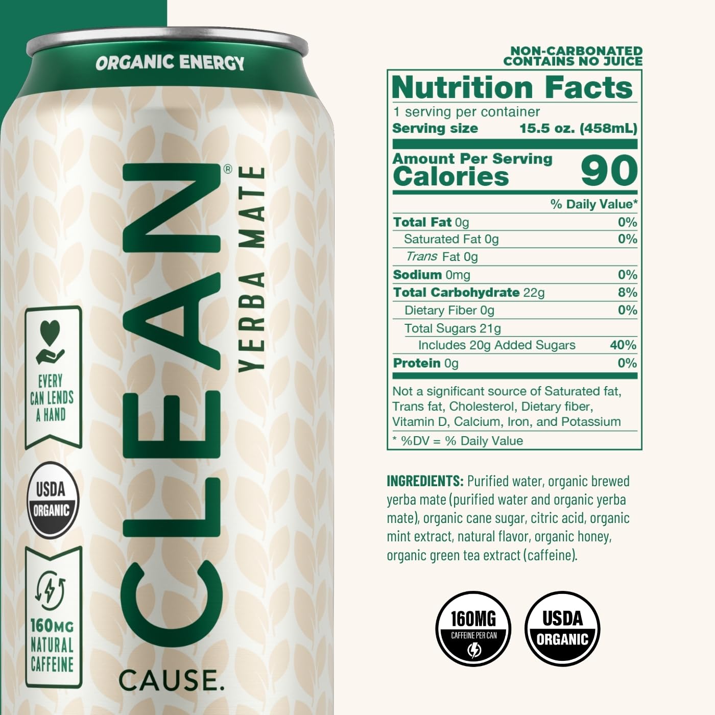 Clean Cause Mint and Honey Yerba Mate can back shows ingredients and organic certification