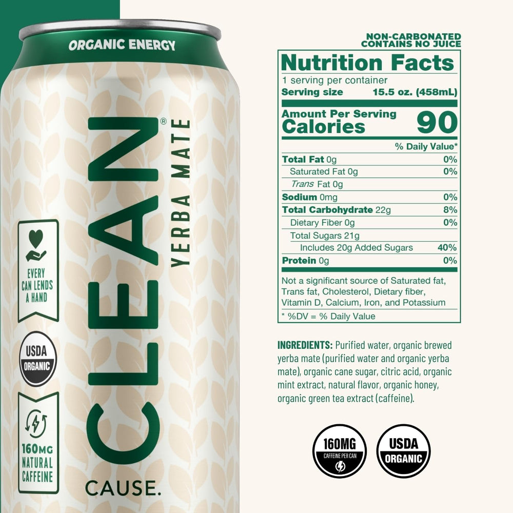 Clean Cause Mint and Honey Yerba Mate can back shows ingredients and organic certification