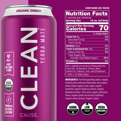 Clean Cause organic yerba mate can close-up shows 160mg caffeine naturally sourced.
