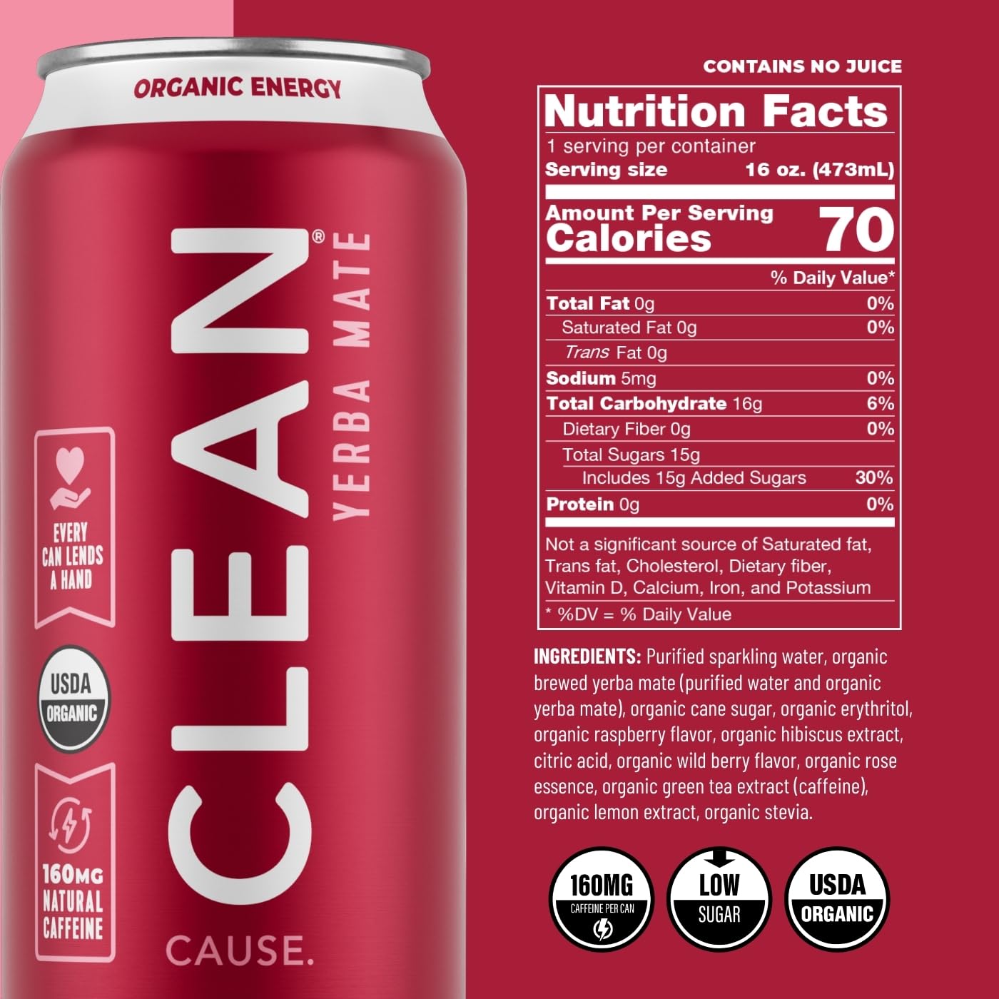 CLEAN CAUSE Raspberry Yerba Mate Sparkling can close-up highlighting natural caffeine source