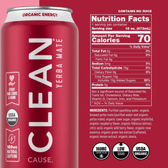 CLEAN CAUSE Raspberry Yerba Mate Sparkling can close-up highlighting natural caffeine source