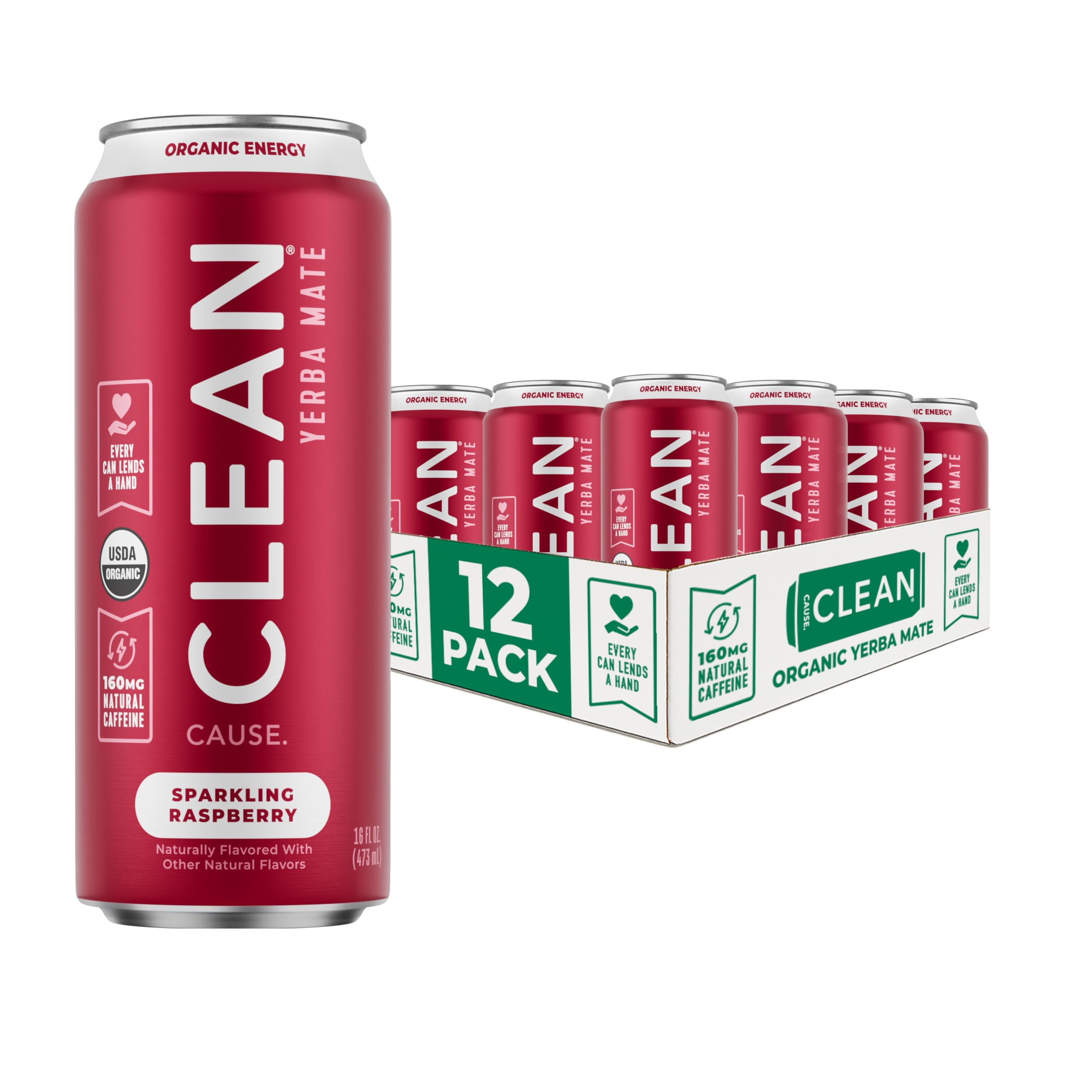 CLEAN CAUSE Raspberry Yerba Mate Sparkling can front view for energizing, plant-based lift