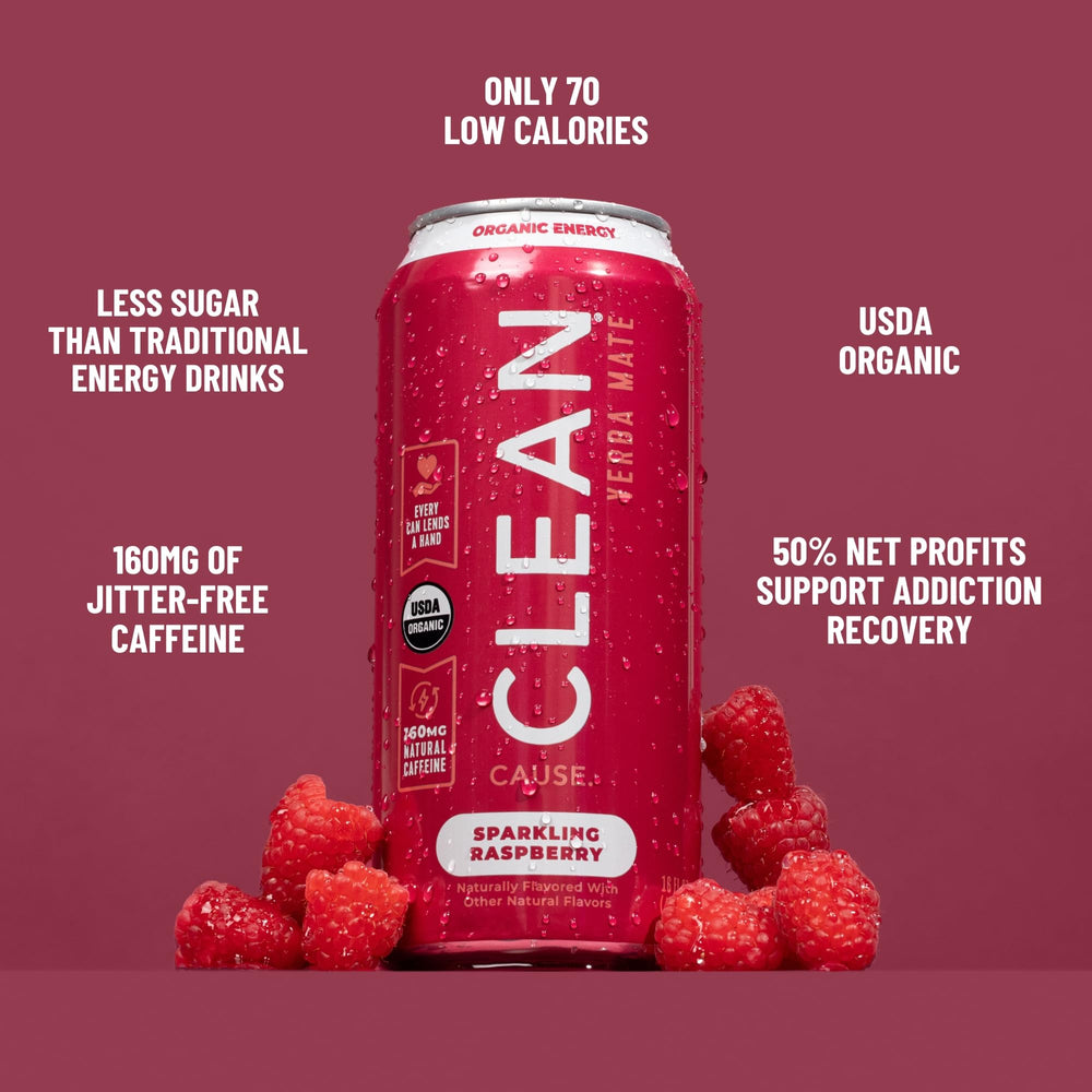 CLEAN CAUSE Raspberry Yerba Mate Sparkling 12-pack on display emphasizes convenient energy refreshment