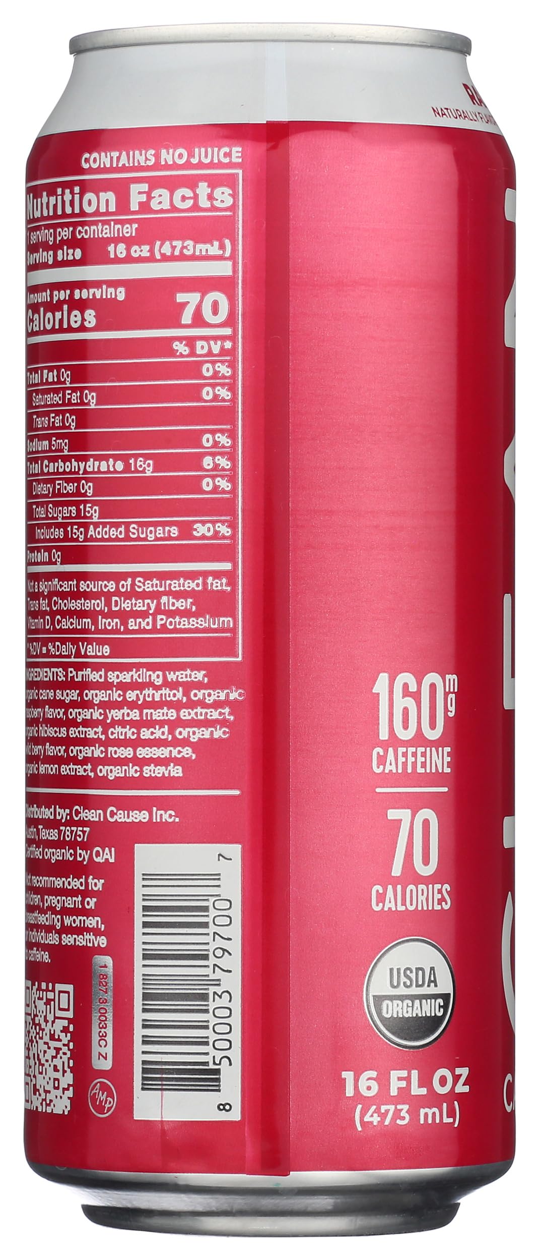 Clean Cause Raspberry Yerba Mate ingredients show organic cane sugar and stevia.