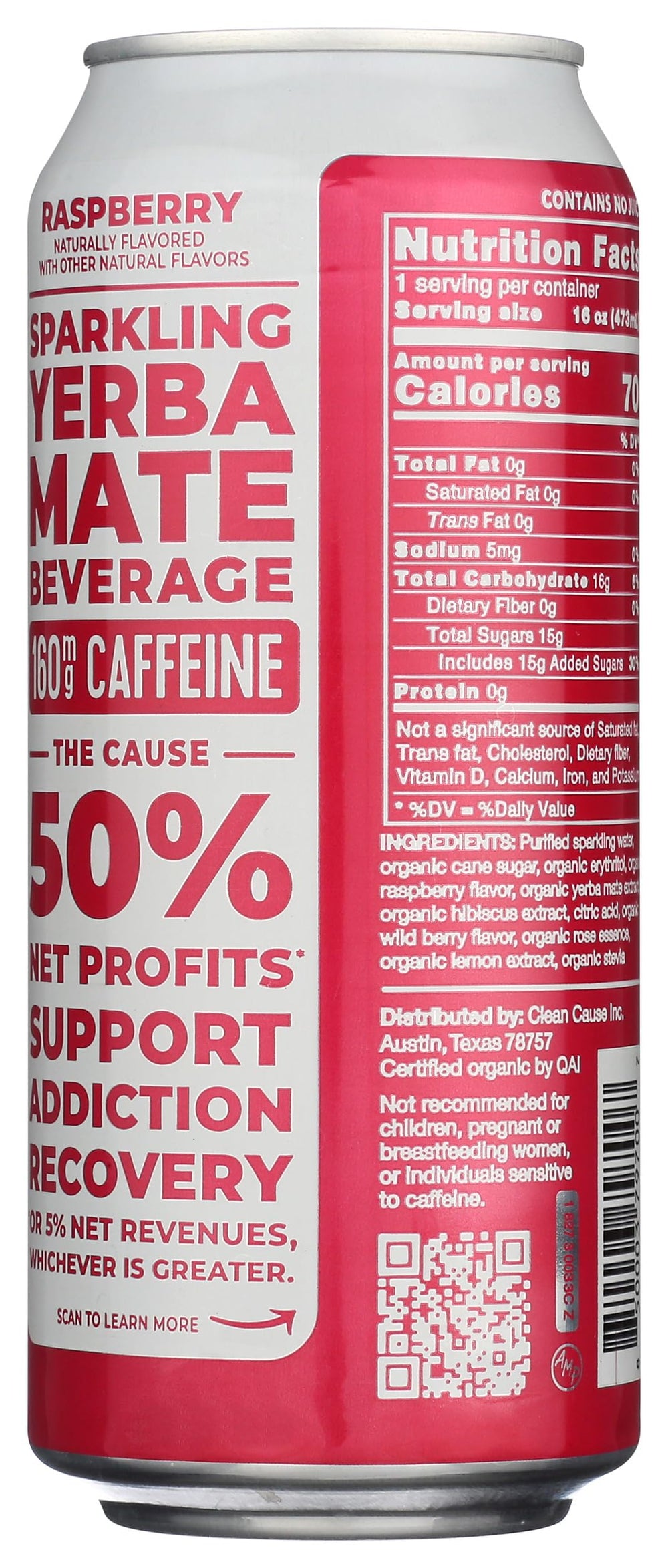 Close-up of Clean Cause Raspberry label highlighting natural ingredients.