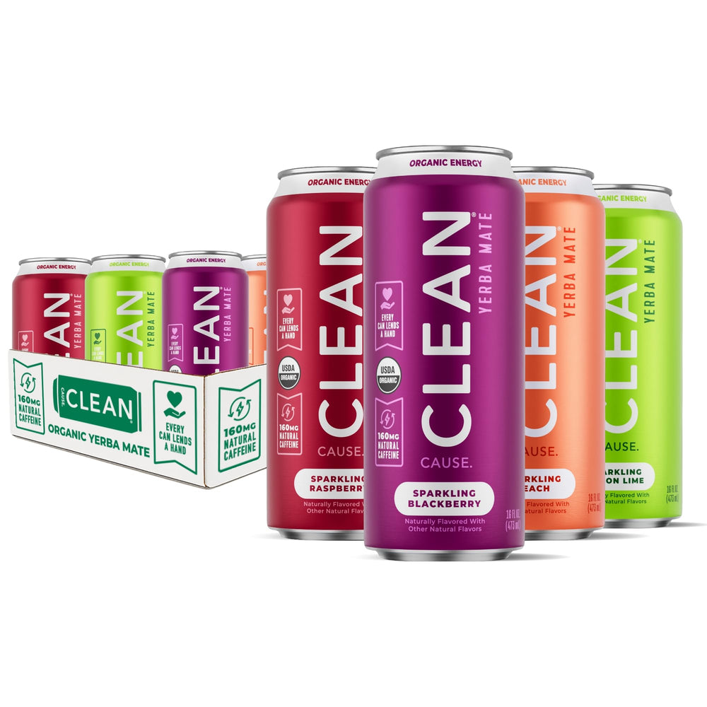 CLEAN CAUSE Yerba Mate Sparkling can close-up showing natural caffeine boost