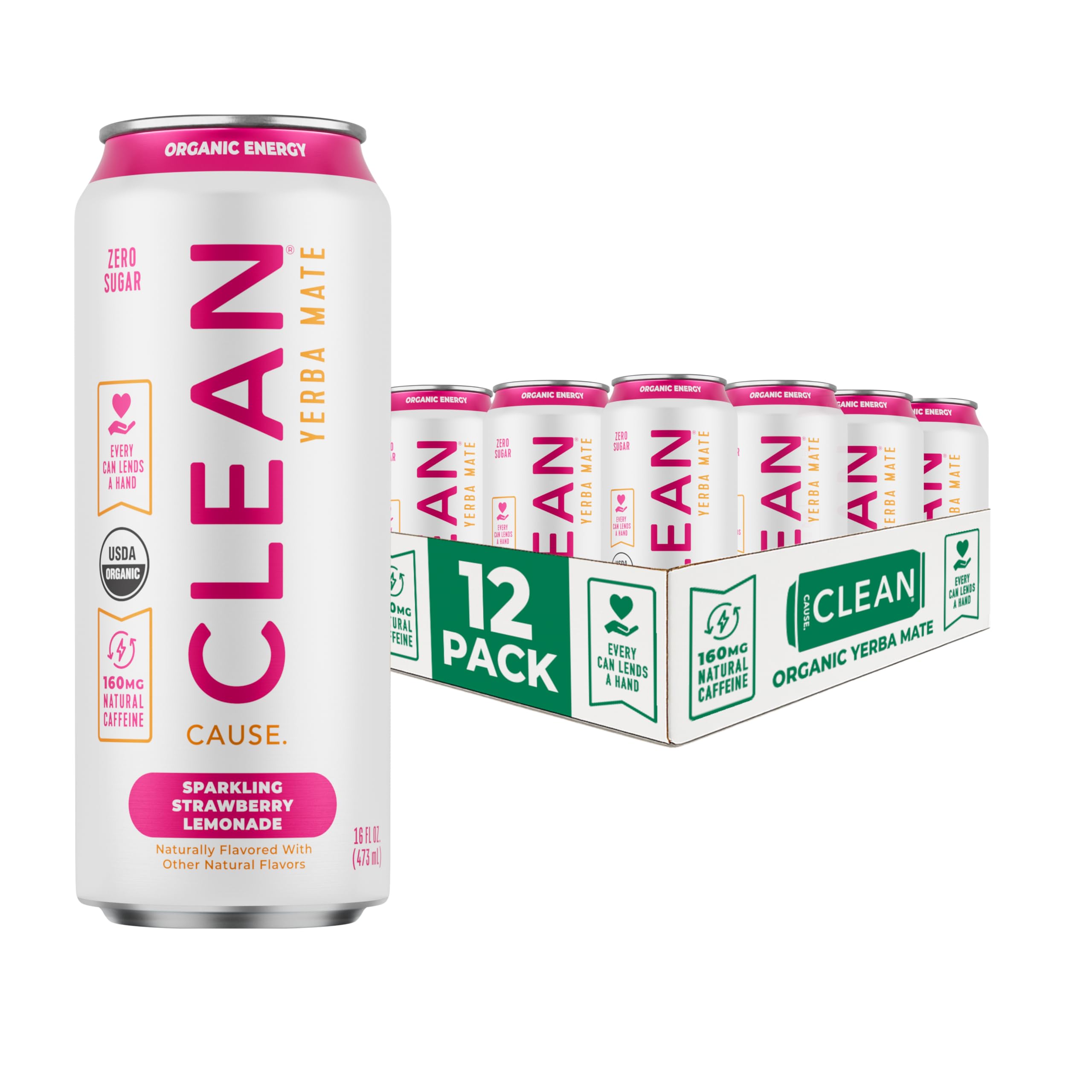 Clean Cause Zero Sugar Strawberry Lemonade Sparkling Yerba Mate can on ice