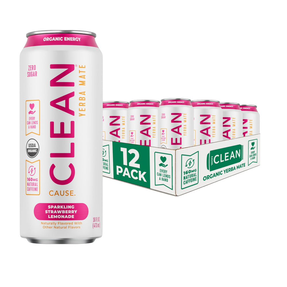 Clean Cause Zero Sugar Strawberry Lemonade Sparkling Yerba Mate can on ice