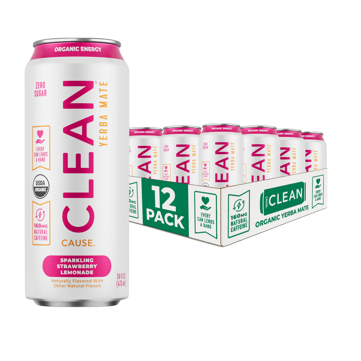 Clean Cause Zero Sugar Strawberry Lemonade Sparkling Yerba Mate can on ice