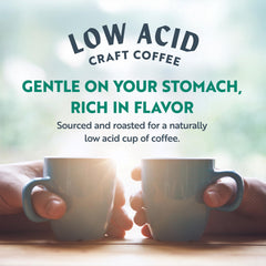 CLEAN COFFEE CO low acid dark roast steaming cup for gentle flavor.