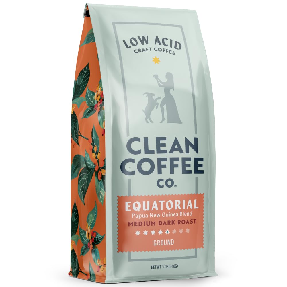 Clean Coffee Co. Papua New Guinea blend ground 12oz bag, smooth low-acid cup.