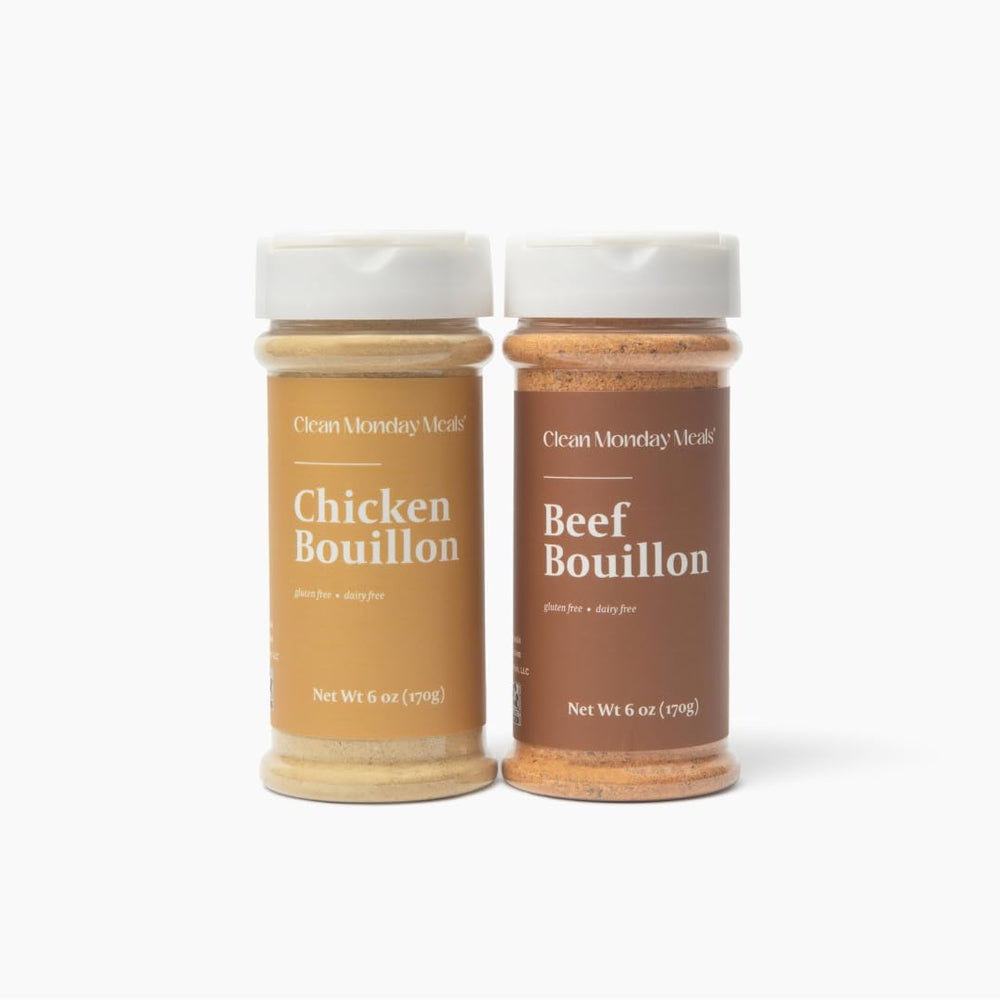 Clean Monday Meals bouillon powder container highlights a rich base for soups