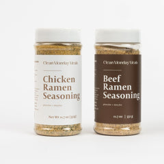 Clean Monday Meals chicken and beef ramen seasoning two-pack for versatile flavor.
