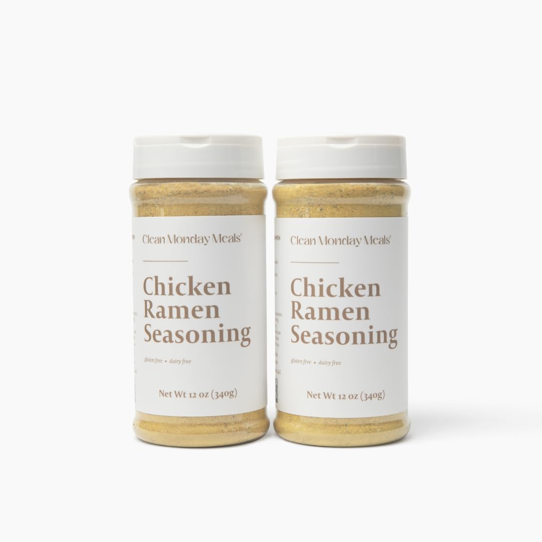 Clean Monday Meals chicken ramen seasoning jar shows clean-label ingredients and flavor depth