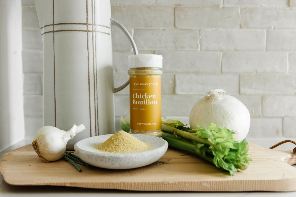 Clean Monday Meals pantry-friendly stock base stored in a kitchen cabinet