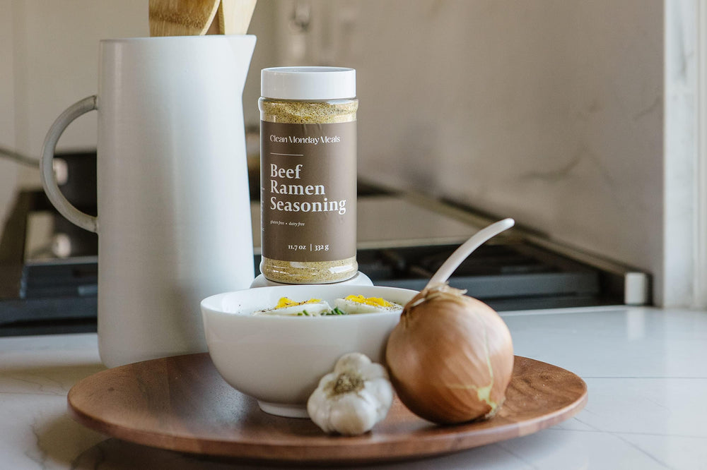 Clean Monday Meals multi-use seasoning as pantry staple for ramen and stir-fries.