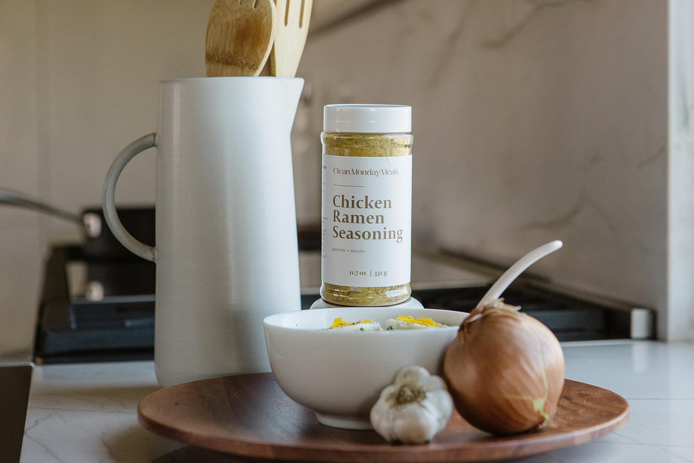 Clean Monday Meals ramen ingredient label, clear allergen-friendly packaging.