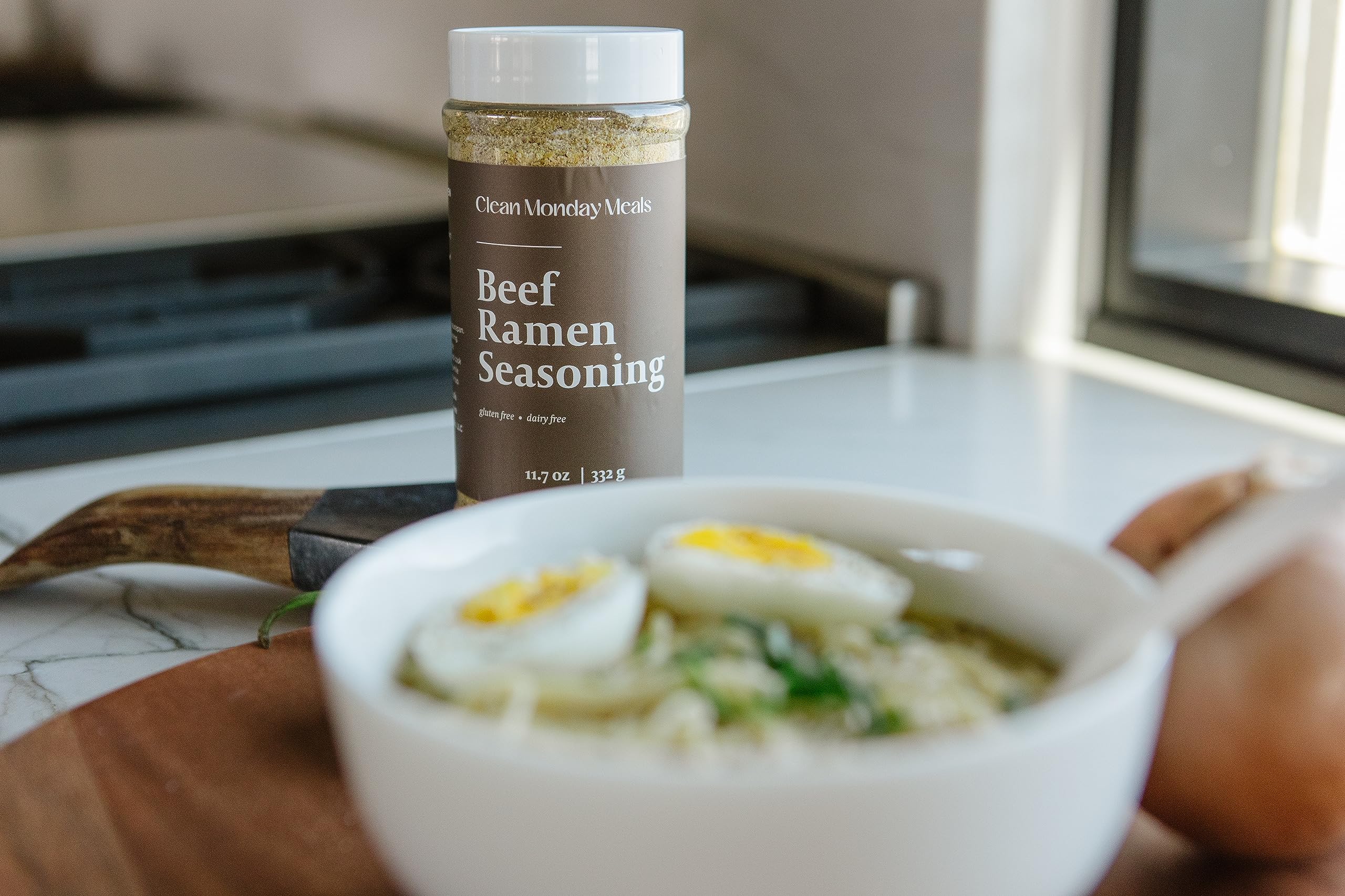 Clean Monday Meals ramen spice dust close-up, aromatic seasoning.