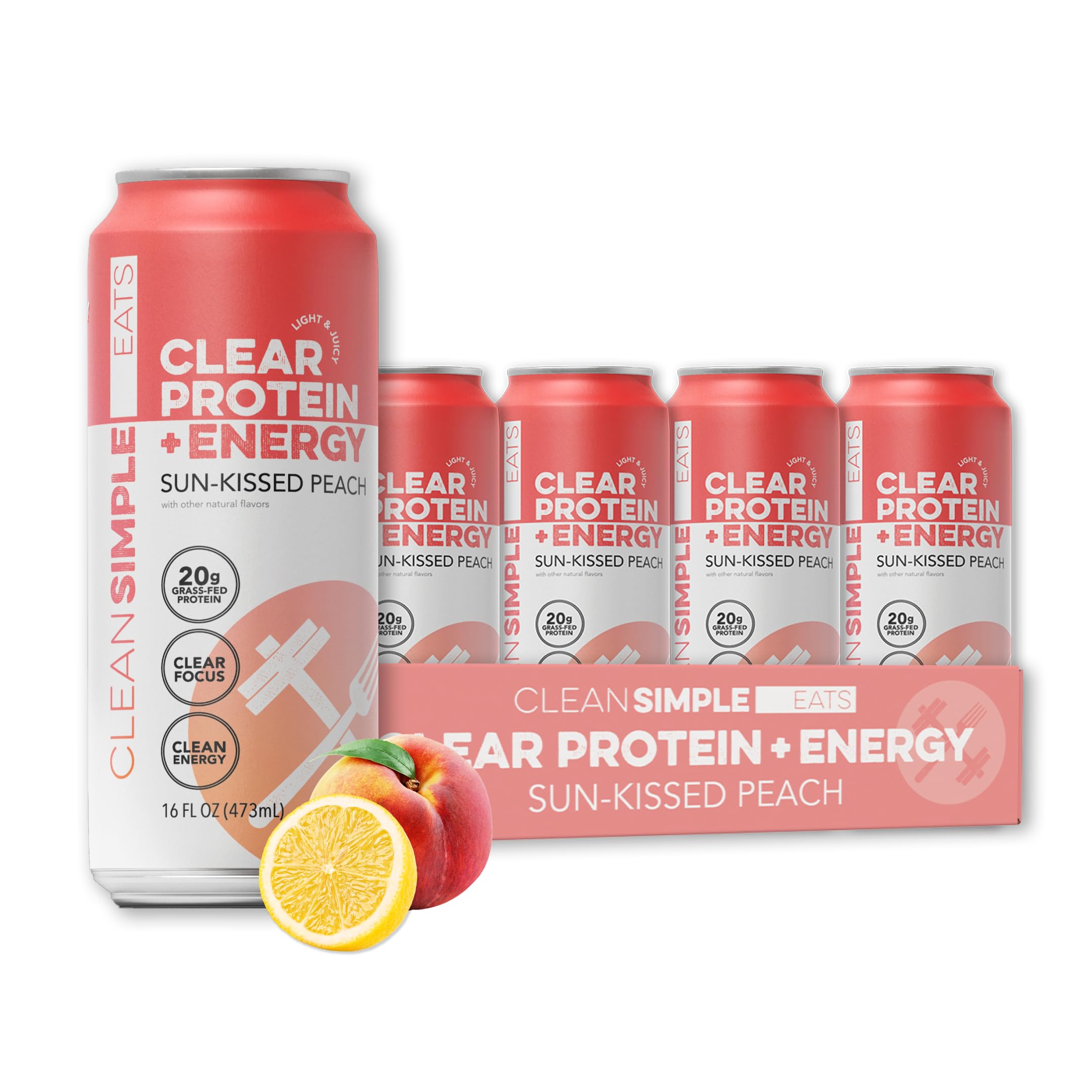 Clean Simple Eats Clear Protein + Energy Peach can, juicy flavor for an active day