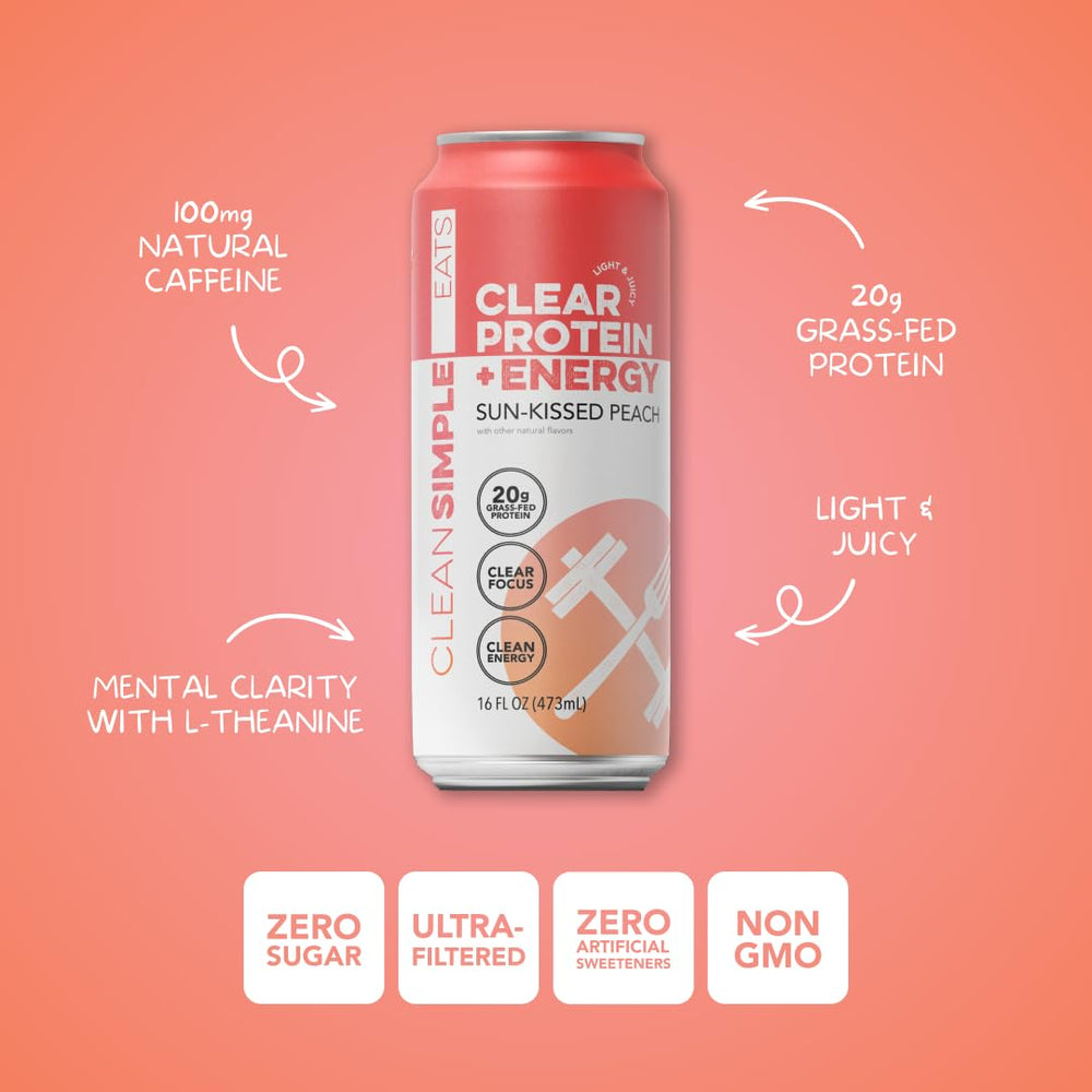 Pouring Clean Simple Eats Clear Protein + Energy Peach into a glass for a refreshing moment