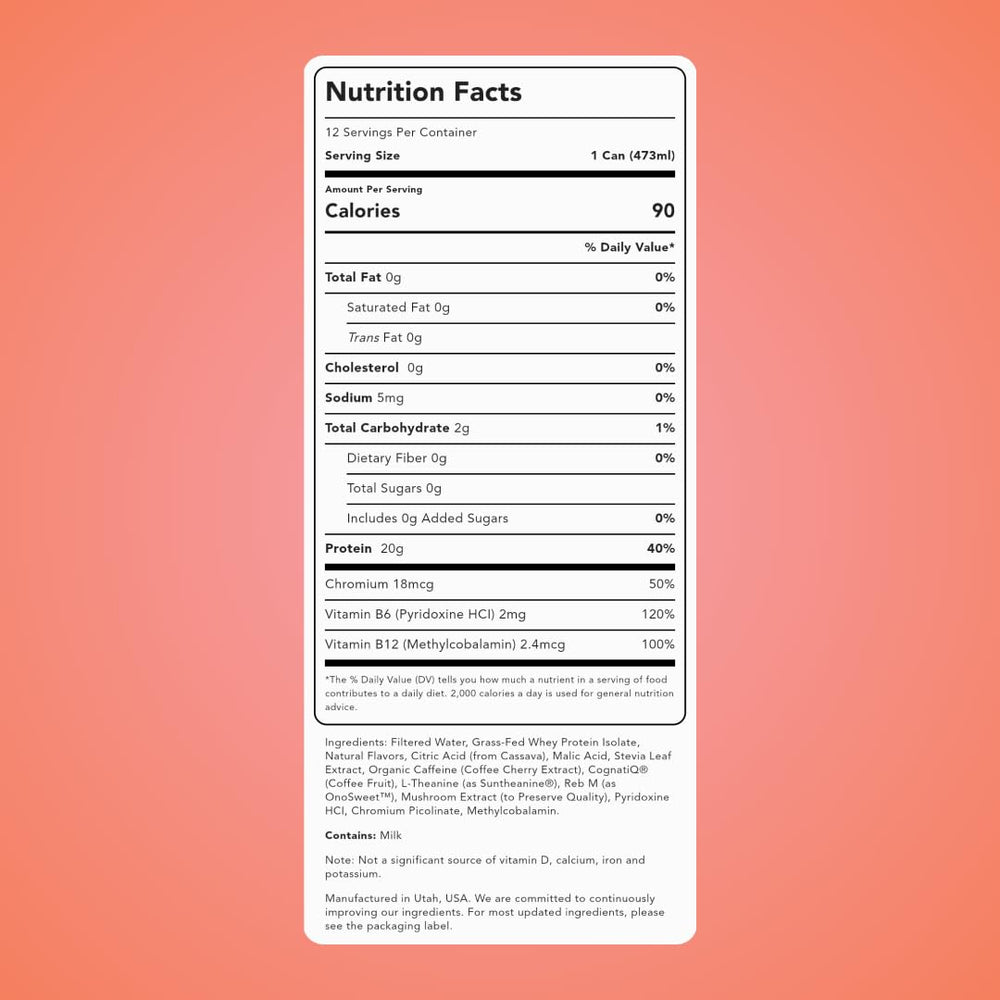 Close-up of Clean Simple Eats Clear Protein + Energy Peach label highlighting clean ingredients