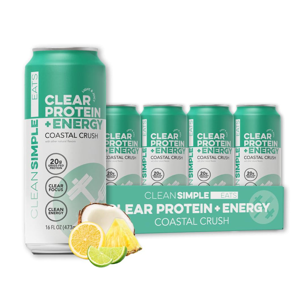Clean Simple Eats Coastal Crush bottle showing tropical flavor for on-the-go energy.