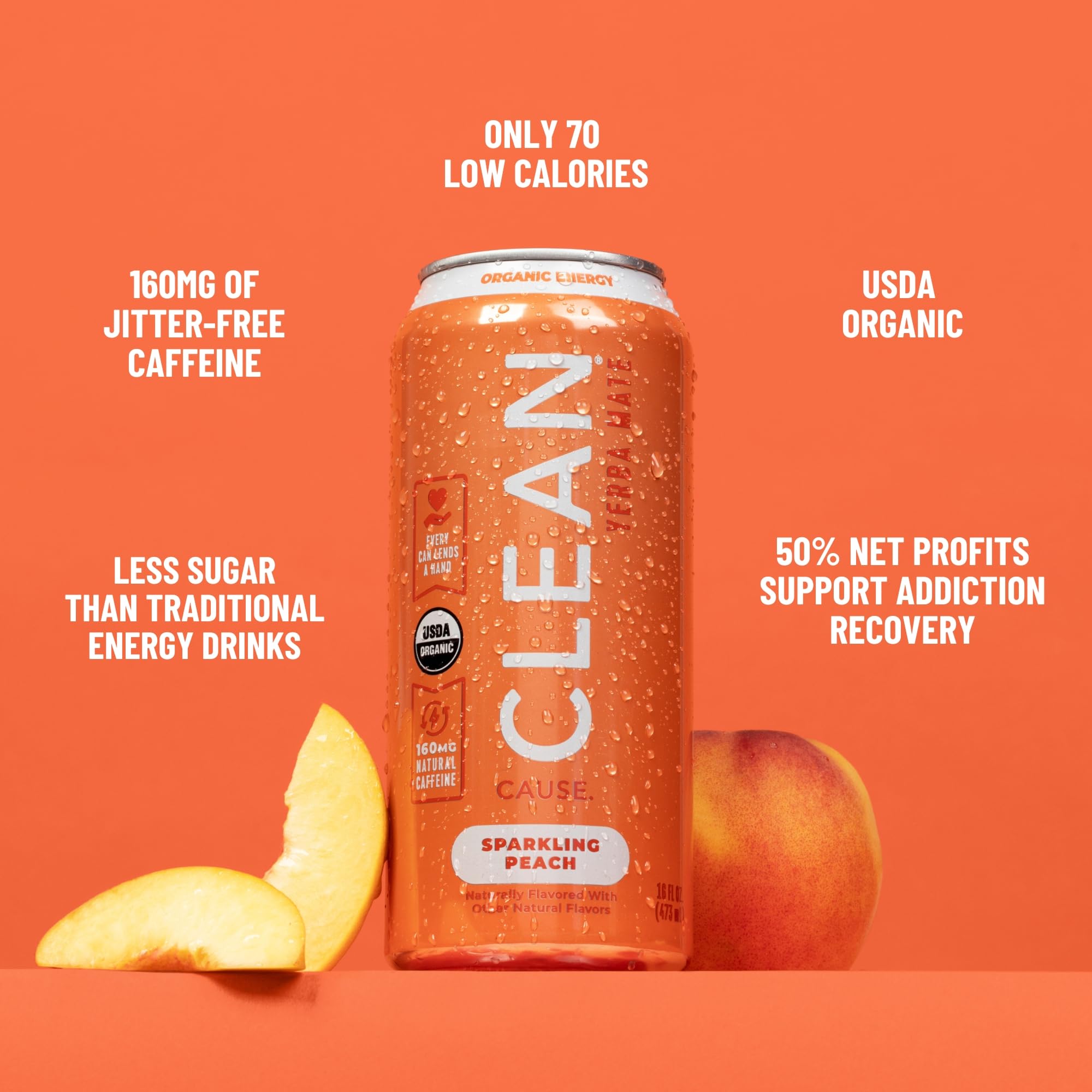 Clean Cause 160mg caffeine energy feature highlights natural boost from fair trade yerba mate.