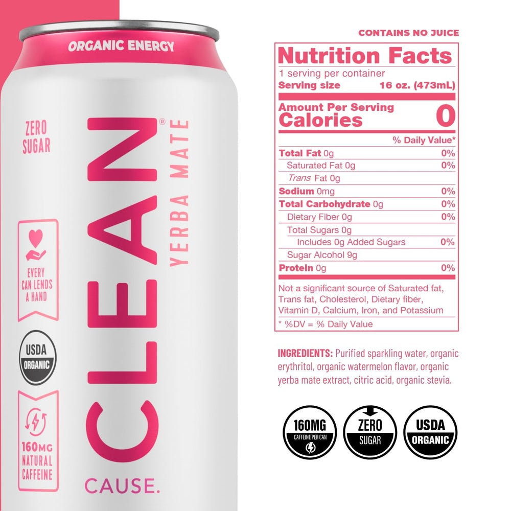 Clean Cause watermelon yerba mate sparkling poured into glass for refreshment.