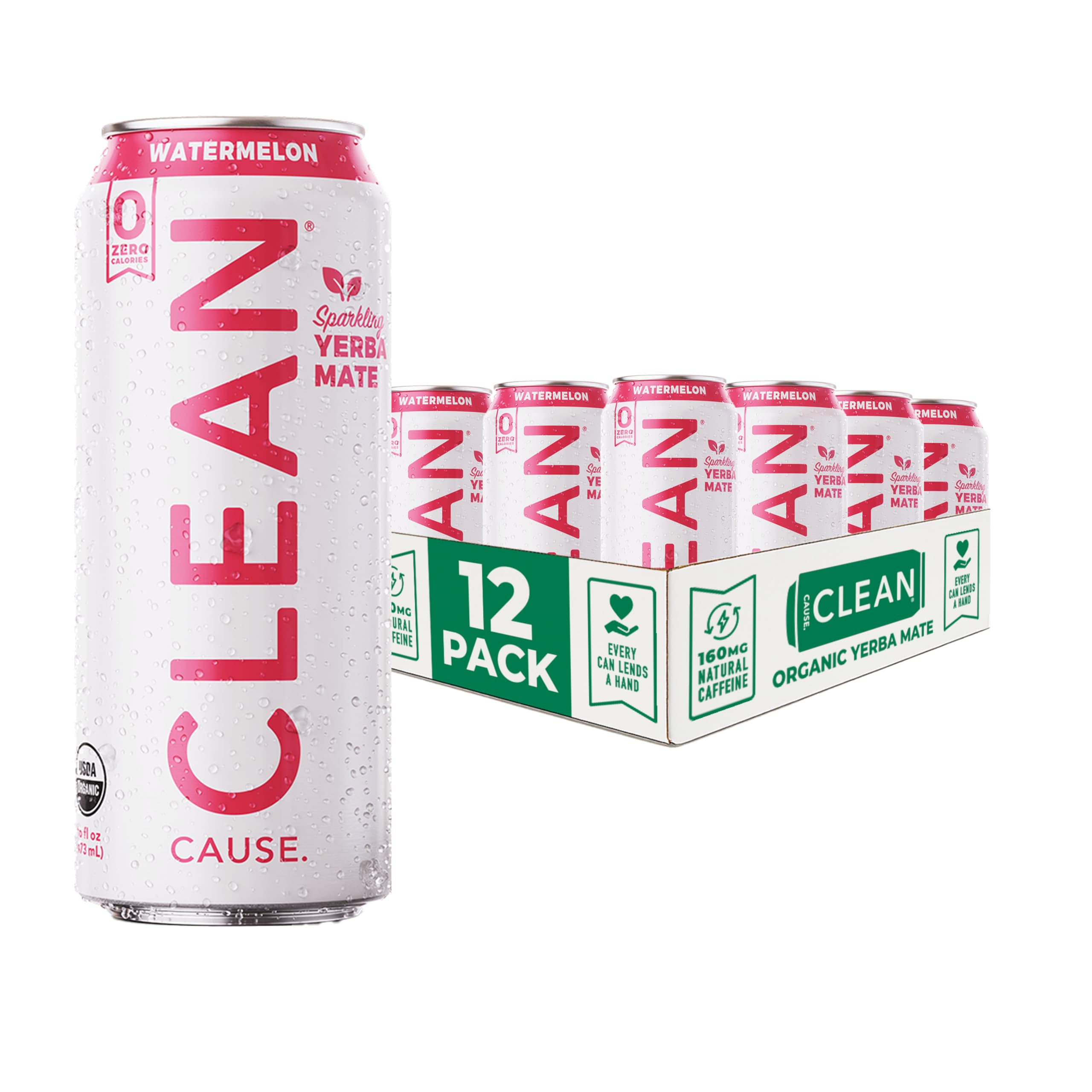 Clean Cause zero sugar watermelon yerba mate sparkling can for an energizing lift.