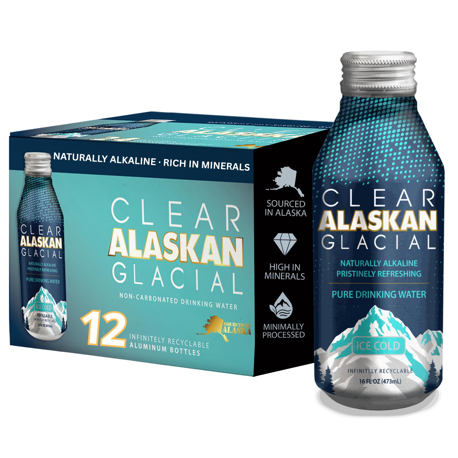 Clear Alaskan Glacial Fresh Glacier Water in aluminum bottle showing pristine source and 16 oz serving
