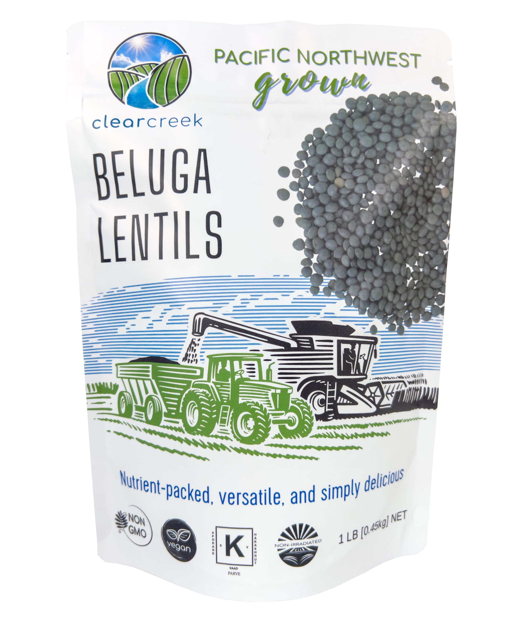 CLEAR CREEK Black Beluga lentils in a resealable pouch for quick, nutritious meals.