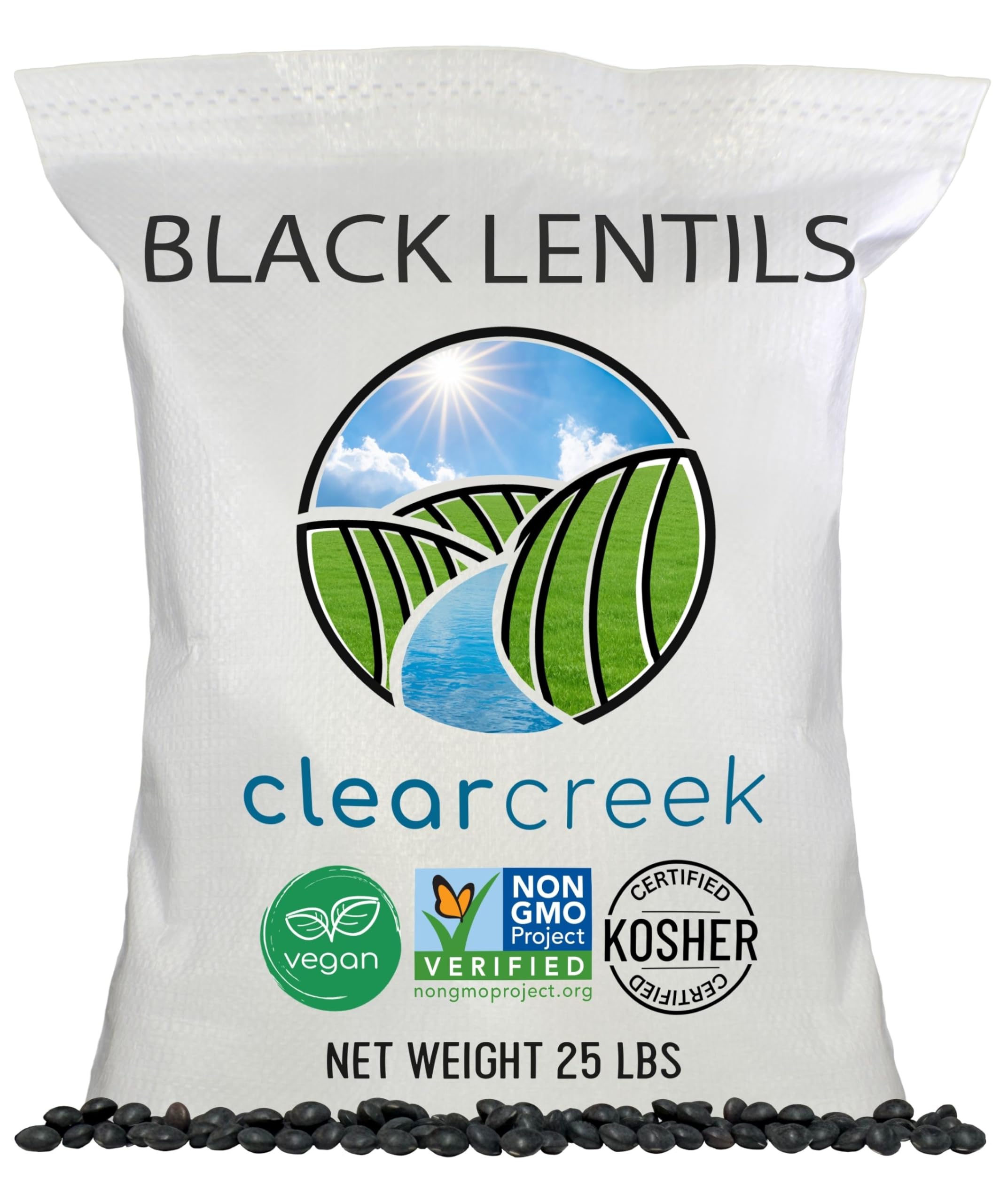 CLEAR CREEK Black Lentils in a bag showing premium quality for weeknight meals
