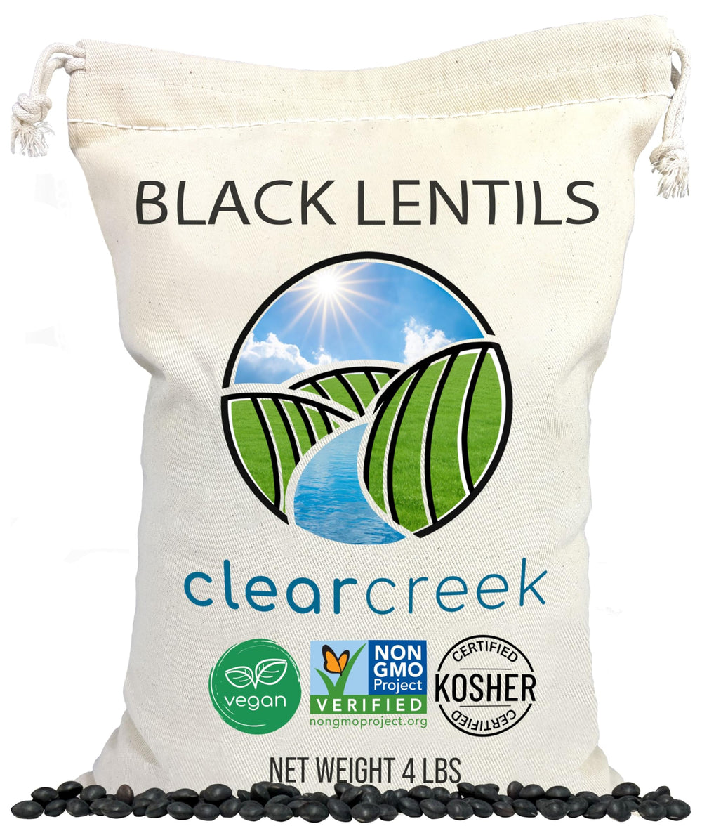 CLEAR CREEK Black Lentils packaging highlights non-GMO quality for versatile meals.