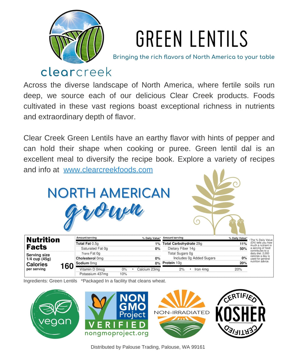 CLEAR CREEK Green Lentils label shows Project Non-GMO verification.