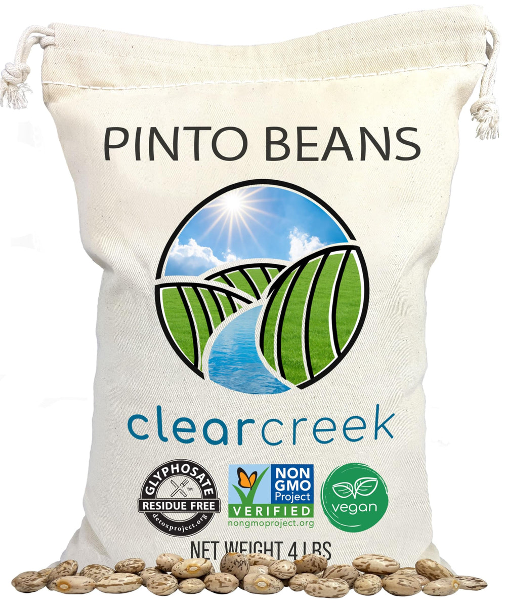 Clear Creek Pinto Beans packaging close-up with glyphosate residue free claim