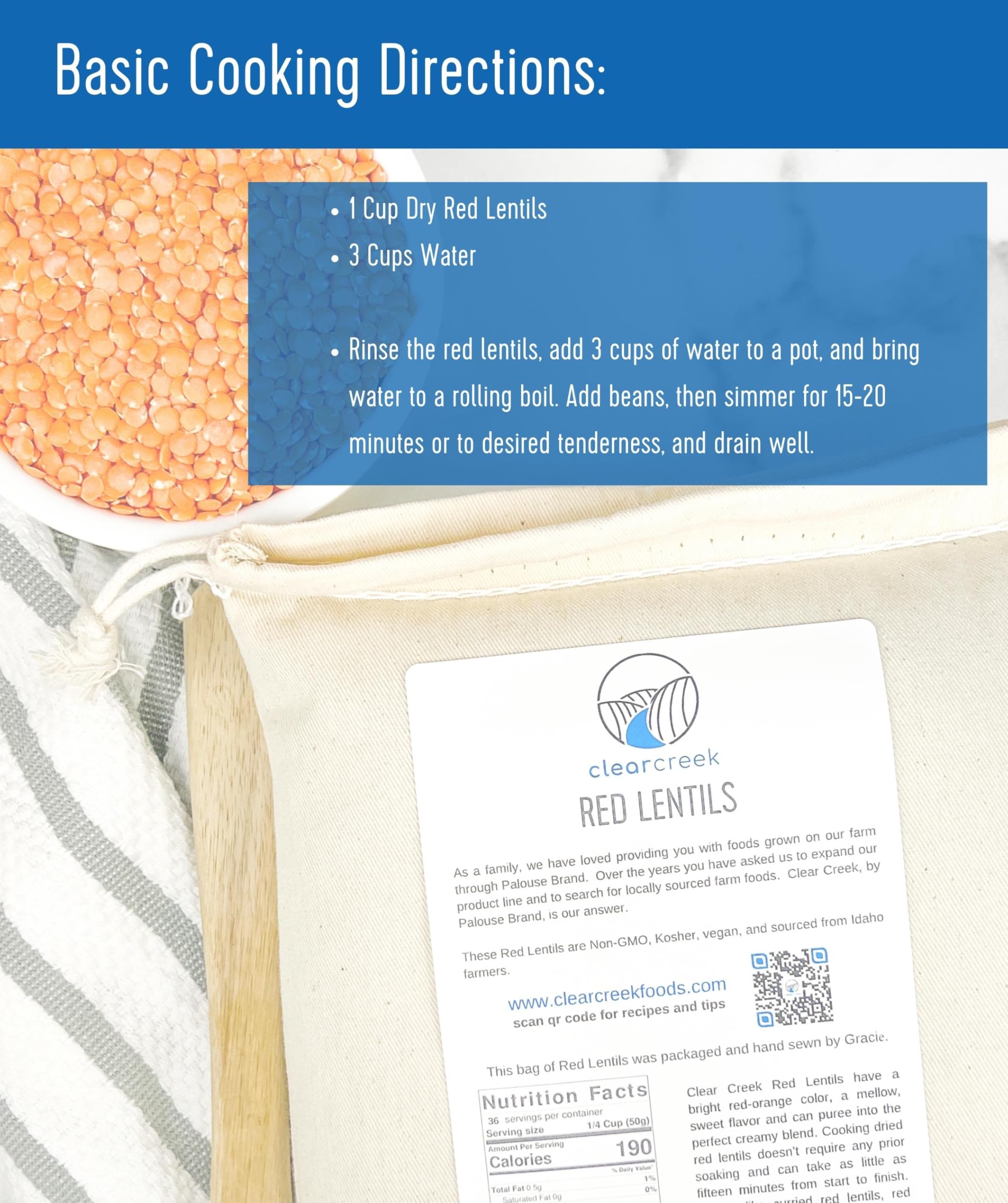 CLEAR CREEK red lentils close-up beans highlight non-GMO status