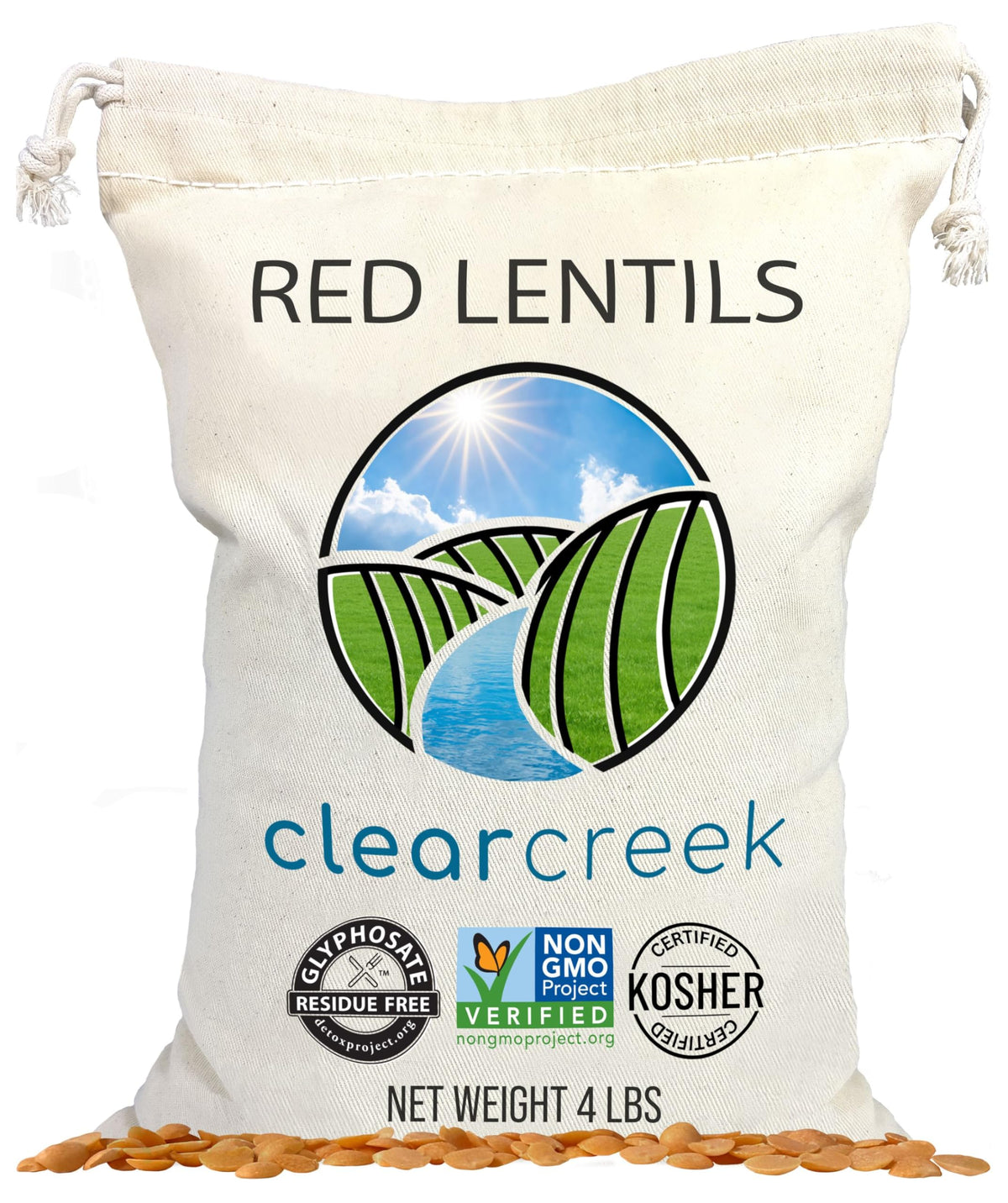CLEAR CREEK red lentils front packaging showing glyphosate residue free certification