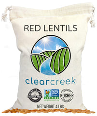 CLEAR CREEK red lentils front packaging showing glyphosate residue free certification