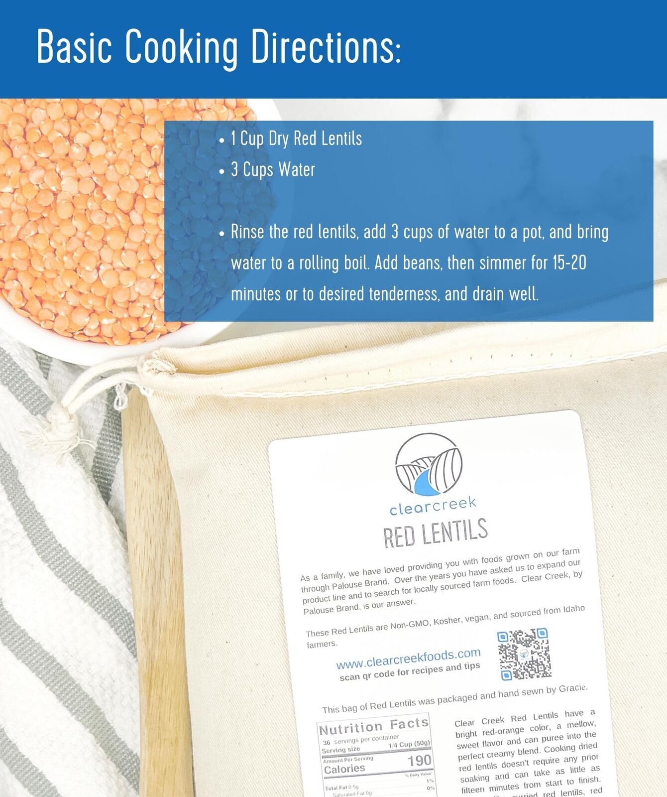 CLEAR CREEK red lentils measuring cup scene for easy portion control.