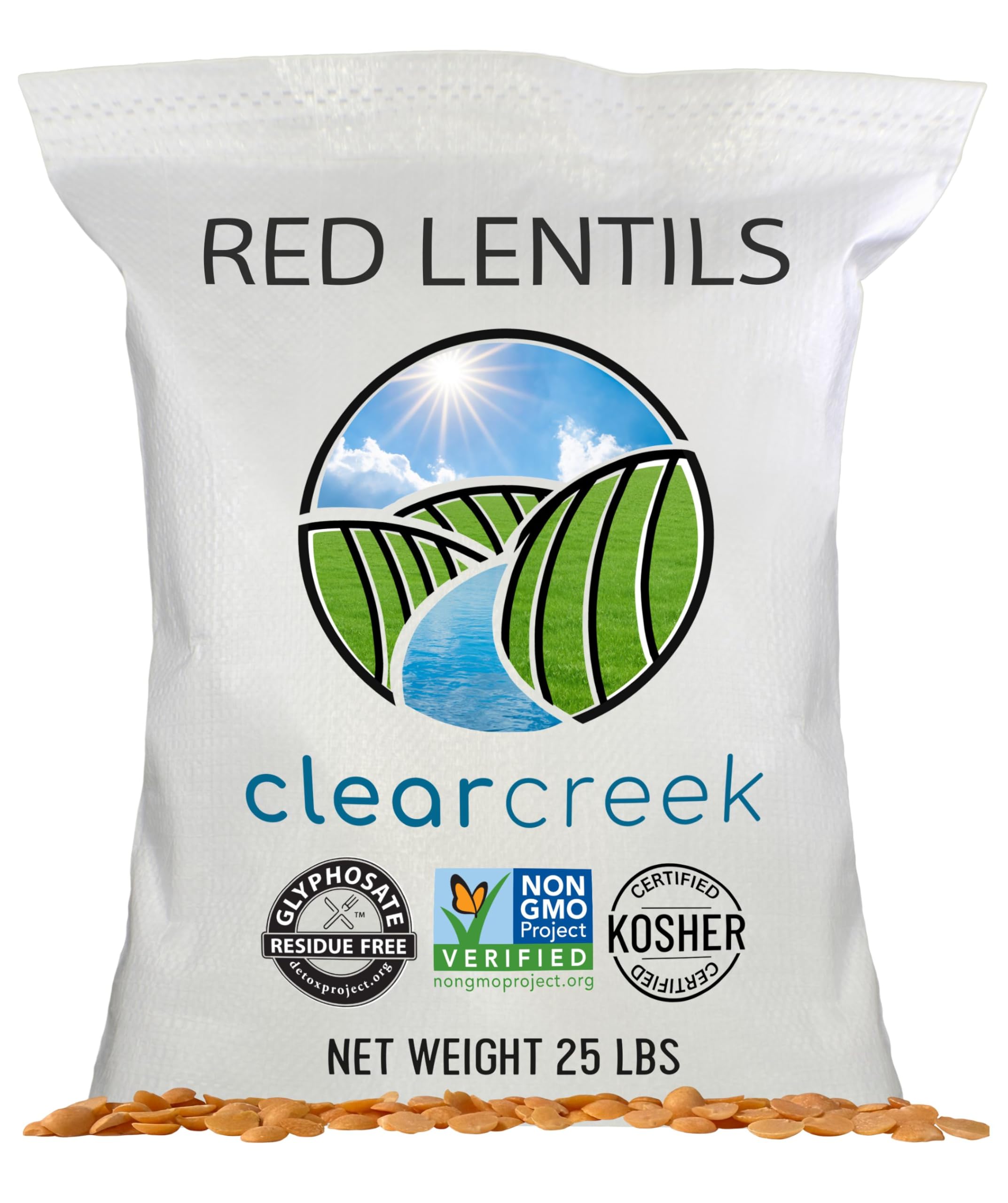 CLEAR CREEK red lentils packaging with glyphosate residue free badge for trusted sourcing.