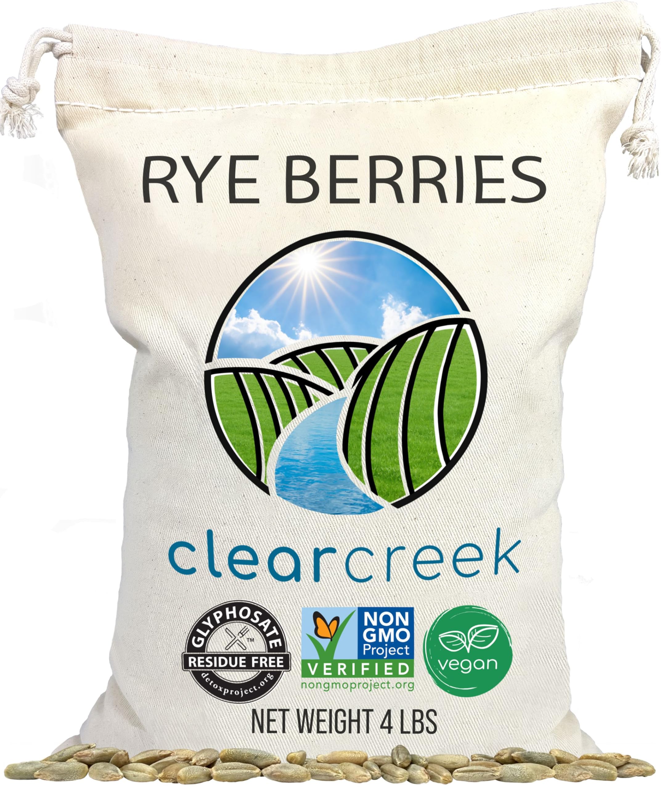 Clear Creek rye berries front packaging highlighting glyphosate-free sourcing for healthy baking.