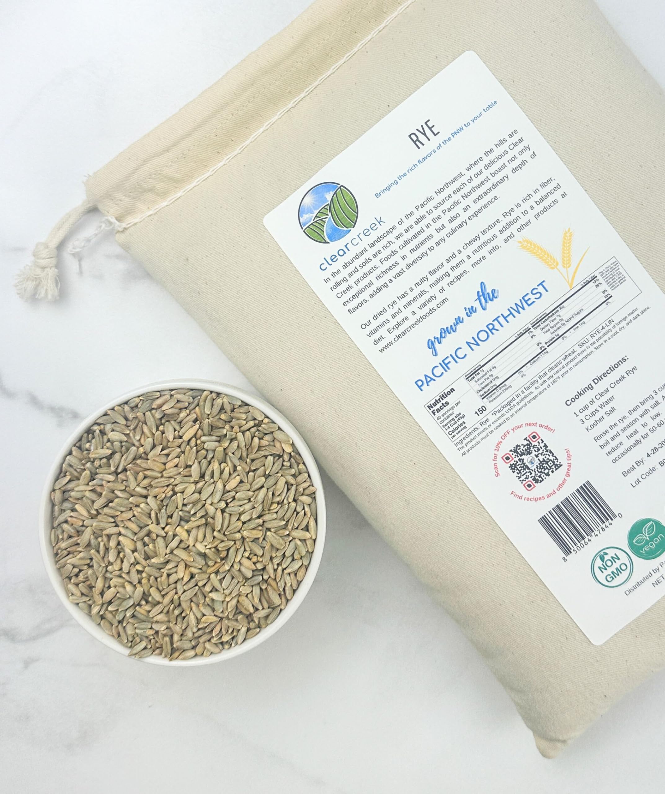 Clear Creek vegan non-GMO label highlights plant-based choices for everyday meals.