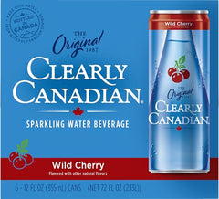 Clearly Canadian Wild Cherry 6-pack display on table, convenient for gatherings and quick refreshment.