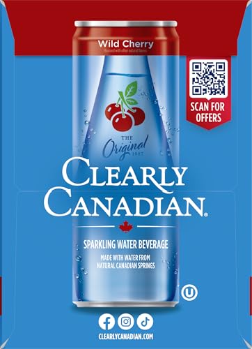 Clearly Canadian Wild Cherry label detail, hints of natural flavor and premium mineral water.