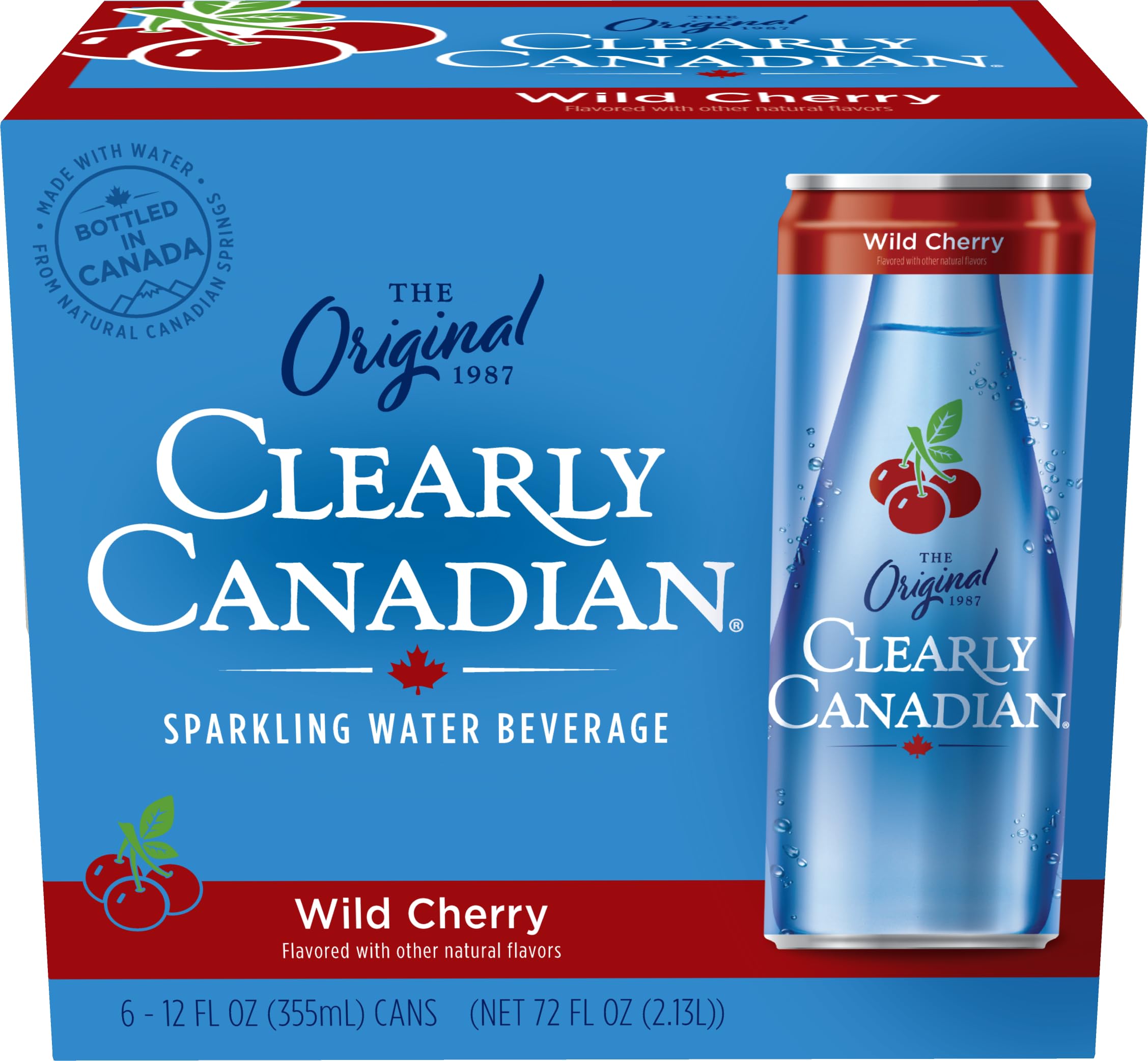 Clearly Canadian Wild Cherry pour into glass, tall fizzy stream enhancing hydration with subtle cherry sweetness.