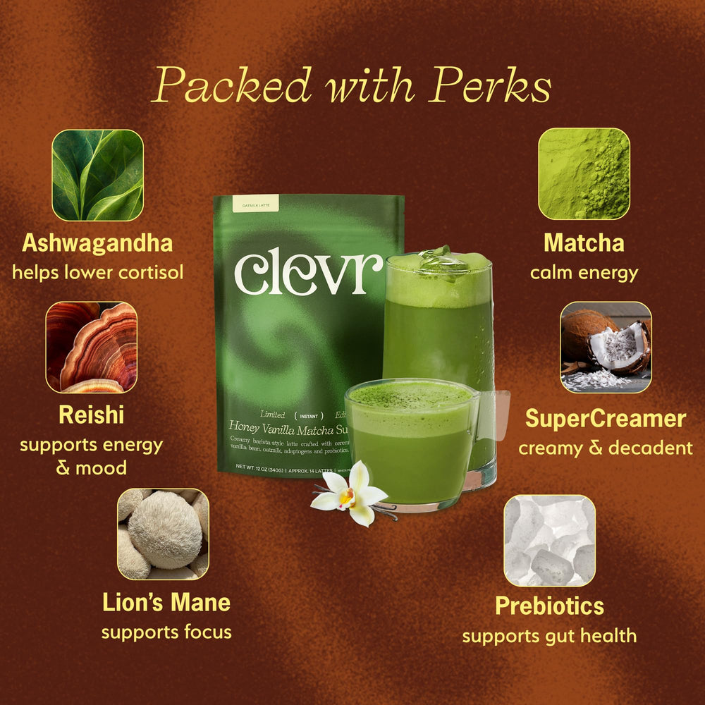 Clevr ceremonial-grade matcha latte hot prep ready in seconds.
