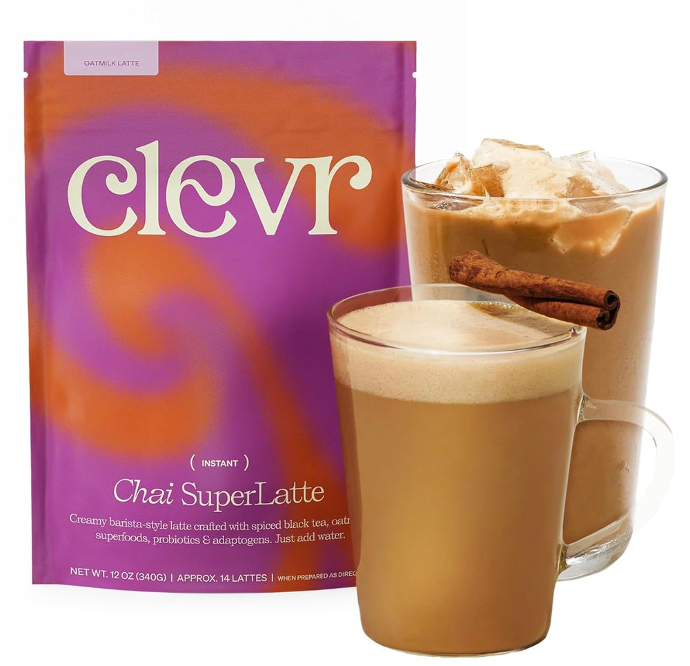 Clevr Chai Tea Latte powder tub front ideal for a plant-based latte base.