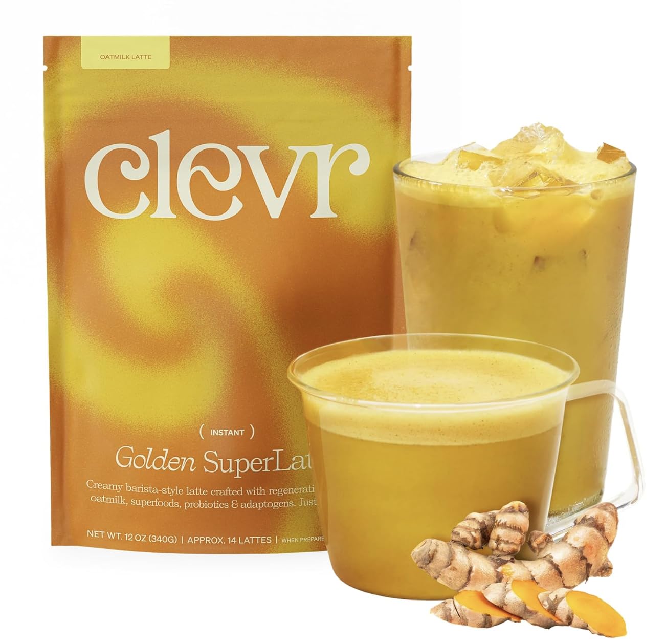Clevr Golden SuperLatte packaging front showing turmeric blend for a cozy caffeine-free latte